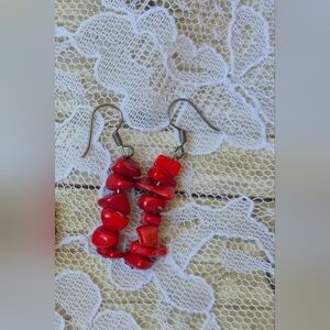 Red Coral Chip Dangle Earrings